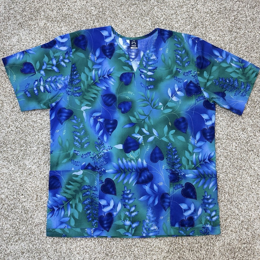 VTG Barco Uniforms Scrub Top L Blue Green Heart Floral V-Neck 100% Cotton Y2K